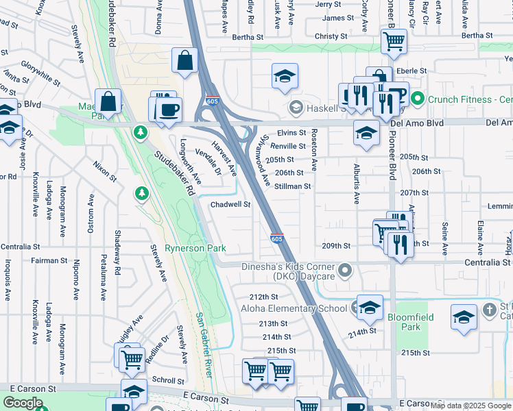 map of restaurants, bars, coffee shops, grocery stores, and more near 20724 Gridley Road in Lakewood