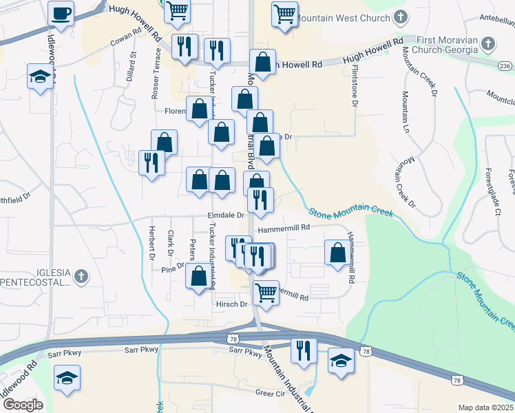 map of restaurants, bars, coffee shops, grocery stores, and more near 1999 Mountain Industrial Boulevard in Tucker