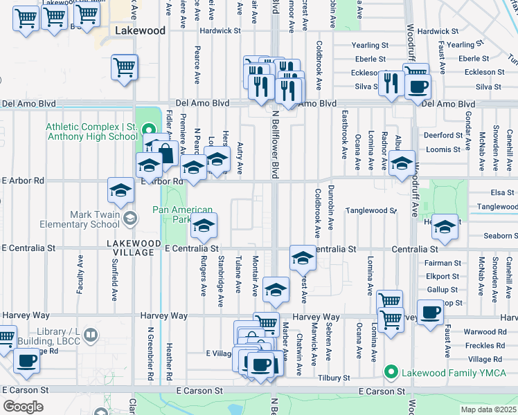 map of restaurants, bars, coffee shops, grocery stores, and more near 4550 Montair Avenue in Long Beach