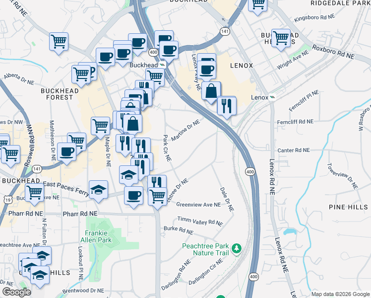 map of restaurants, bars, coffee shops, grocery stores, and more near 676 East Paces Ferry Road Northeast in Atlanta