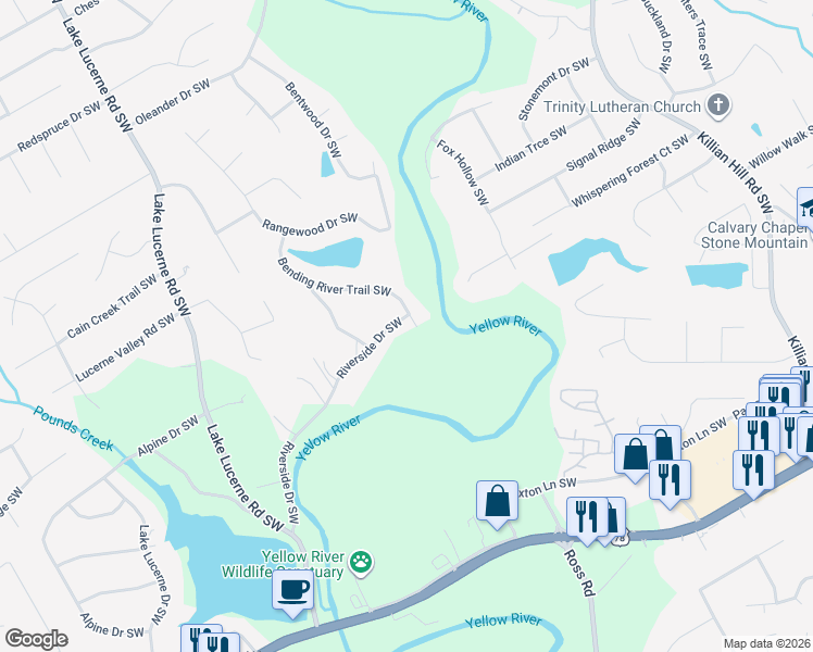 map of restaurants, bars, coffee shops, grocery stores, and more near 4255 Bending River Trail Southwest in Lilburn