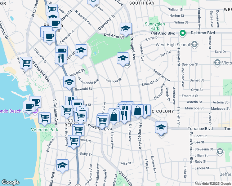 map of restaurants, bars, coffee shops, grocery stores, and more near 110 South Irena Avenue in Redondo Beach
