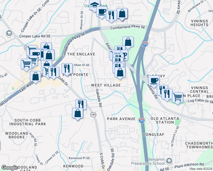 map of restaurants, bars, coffee shops, grocery stores, and more near 2172 West Village Lane in Smyrna
