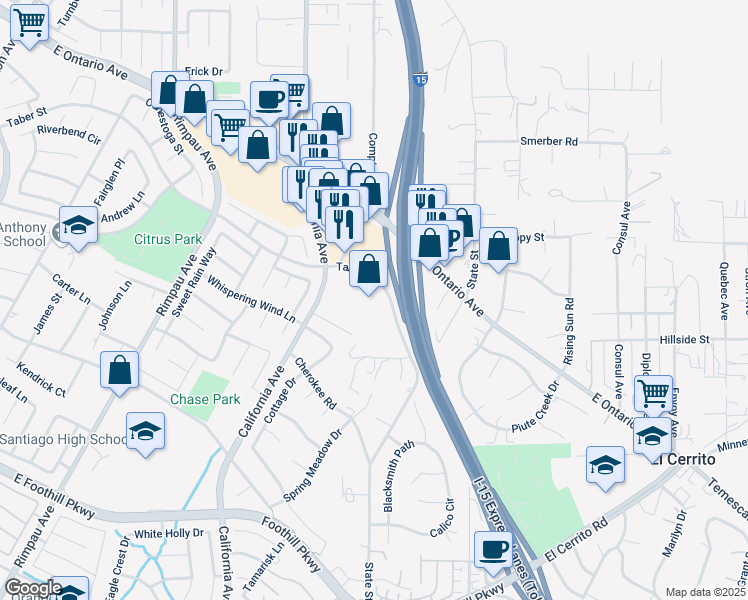 map of restaurants, bars, coffee shops, grocery stores, and more near 1508 Taber Street in Corona