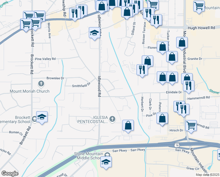 map of restaurants, bars, coffee shops, grocery stores, and more near 4320 Sasanqua Court in Tucker
