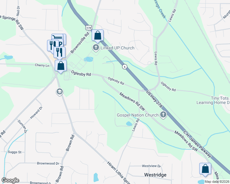 map of restaurants, bars, coffee shops, grocery stores, and more near 4586 Meadows Road Southwest in Powder Springs