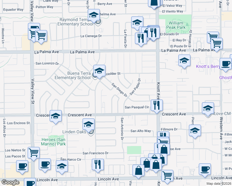 map of restaurants, bars, coffee shops, grocery stores, and more near 8431 San Capistrano Way in Buena Park