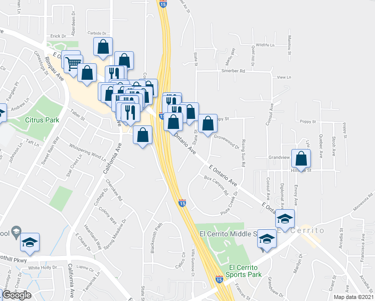 map of restaurants, bars, coffee shops, grocery stores, and more near 1652 East Ontario Avenue in Corona