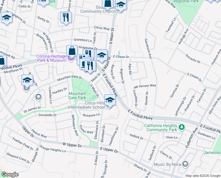 map of restaurants, bars, coffee shops, grocery stores, and more near 150 Engelmann Drive in Corona