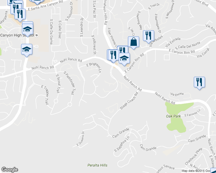 map of restaurants, bars, coffee shops, grocery stores, and more near 6083 East Summit Court in Anaheim