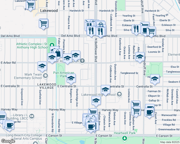 map of restaurants, bars, coffee shops, grocery stores, and more near 4550 Montair Avenue in Long Beach