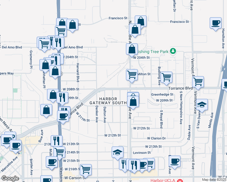 map of restaurants, bars, coffee shops, grocery stores, and more near 20813 Halldale Avenue in Torrance
