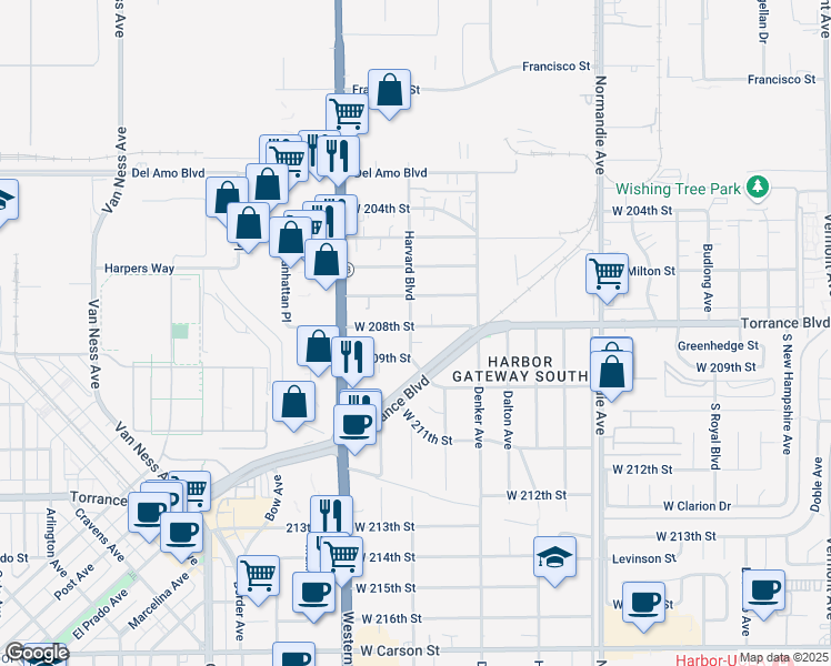 map of restaurants, bars, coffee shops, grocery stores, and more near 20814 Harvard Boulevard in Torrance