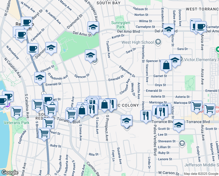 map of restaurants, bars, coffee shops, grocery stores, and more near 20739 Tomlee Avenue in Torrance