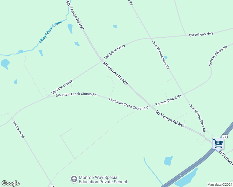 map of restaurants, bars, coffee shops, grocery stores, and more near 2410 Mountain Creek Church Road in Monroe