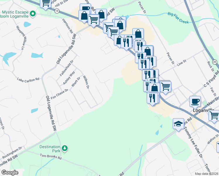 map of restaurants, bars, coffee shops, grocery stores, and more near 4150 Alexis Court in Loganville