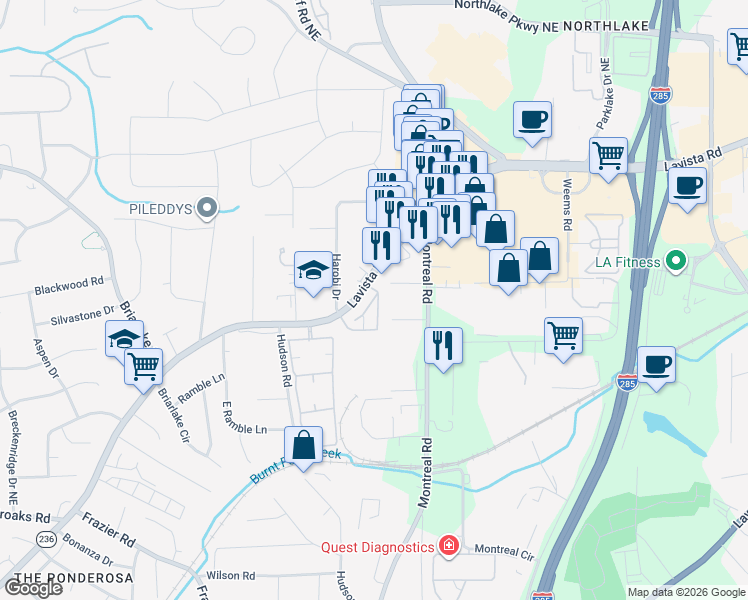 map of restaurants, bars, coffee shops, grocery stores, and more near 3825 Lavista Road in Tucker