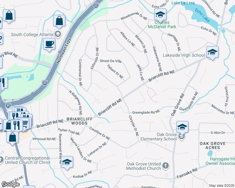 map of restaurants, bars, coffee shops, grocery stores, and more near 1993 Chrysler Drive Northeast in Atlanta