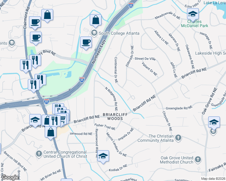 map of restaurants, bars, coffee shops, grocery stores, and more near 1989 North Ridgeway Road Northeast in Atlanta