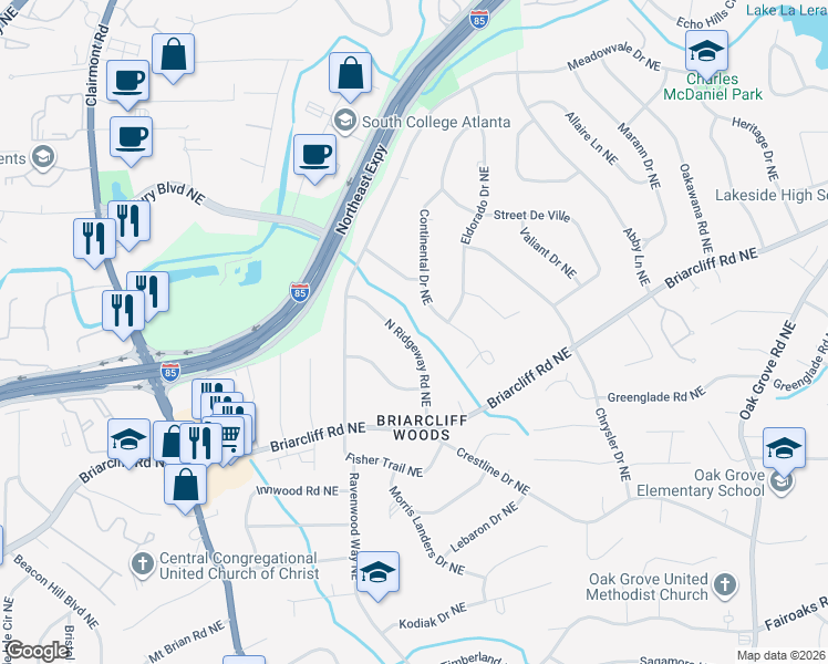 map of restaurants, bars, coffee shops, grocery stores, and more near 1989 North Ridgeway Road Northeast in Atlanta
