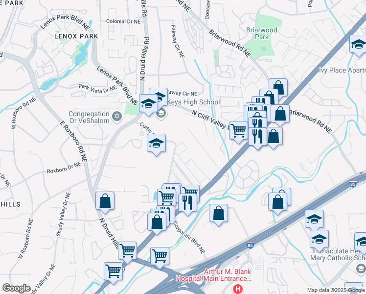 map of restaurants, bars, coffee shops, grocery stores, and more near 2010 Curtis Drive Northeast in Atlanta