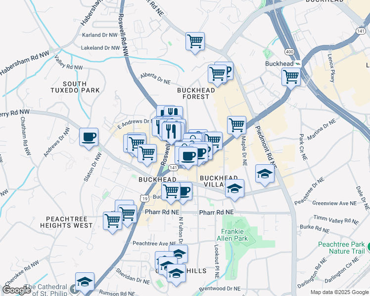 map of restaurants, bars, coffee shops, grocery stores, and more near 3175 Roswell Road Northwest in Atlanta