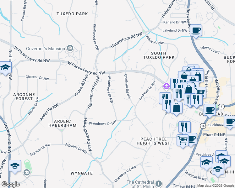 map of restaurants, bars, coffee shops, grocery stores, and more near 23 West Andrews Drive Northwest in Atlanta
