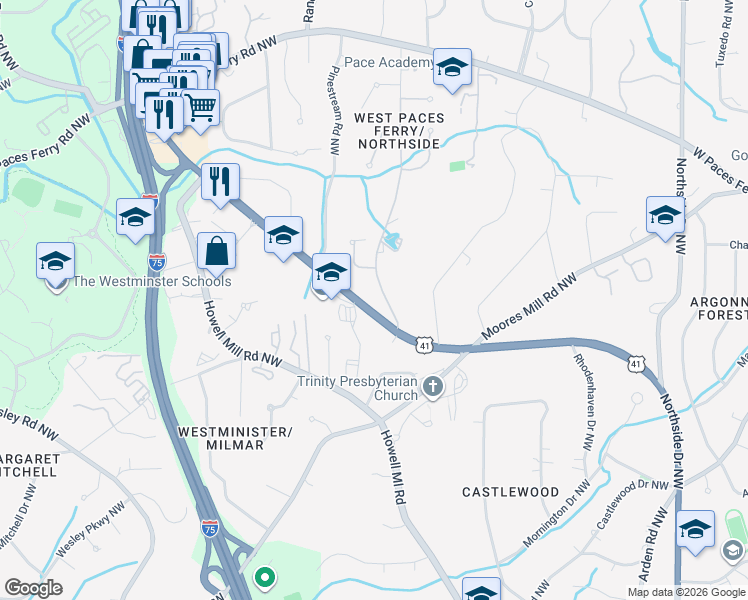 map of restaurants, bars, coffee shops, grocery stores, and more near 3180 Rilman Road Northwest in Atlanta