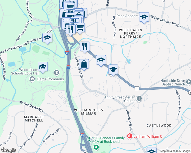 map of restaurants, bars, coffee shops, grocery stores, and more near 3201 Downwood Circle Northwest in Atlanta