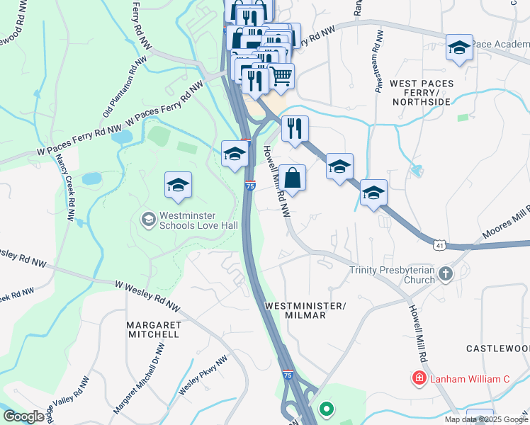 map of restaurants, bars, coffee shops, grocery stores, and more near Highway 401 in Atlanta