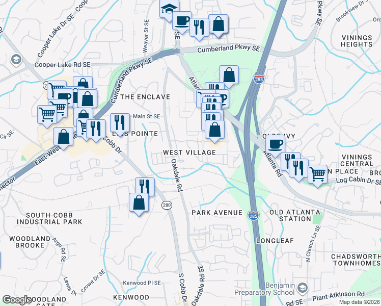 map of restaurants, bars, coffee shops, grocery stores, and more near 2172 West Village Lane in Smyrna