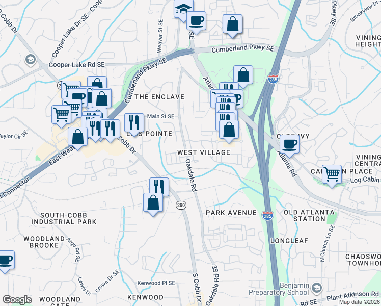map of restaurants, bars, coffee shops, grocery stores, and more near 2085 Village Station Crossing Southeast in Smyrna