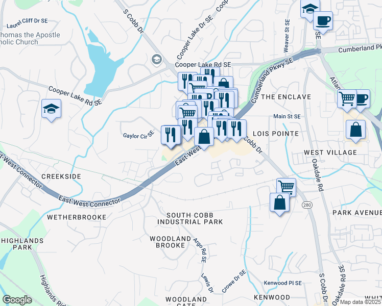 map of restaurants, bars, coffee shops, grocery stores, and more near 4613-4617 East-West Connector in Smyrna
