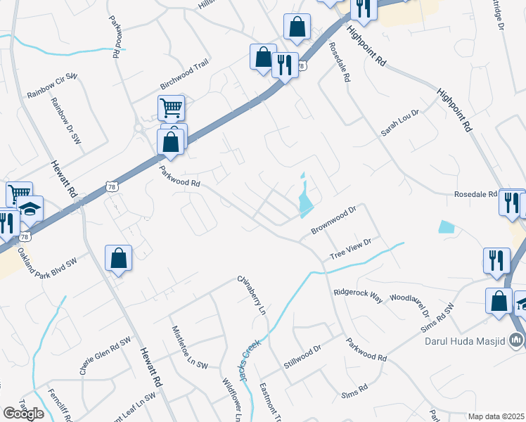map of restaurants, bars, coffee shops, grocery stores, and more near 2300 Park Estates Drive in Snellville