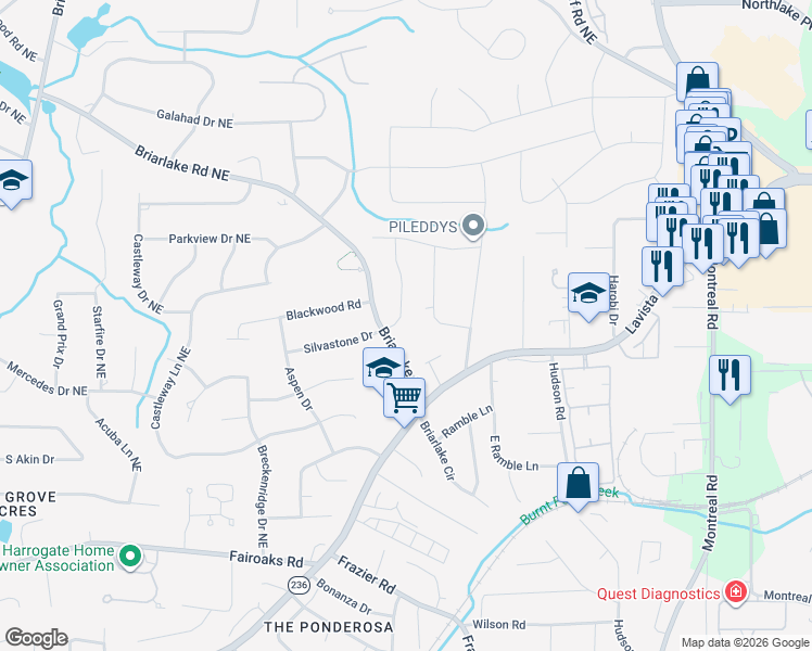 map of restaurants, bars, coffee shops, grocery stores, and more near 1987 Silvastone Drive Northeast in Atlanta