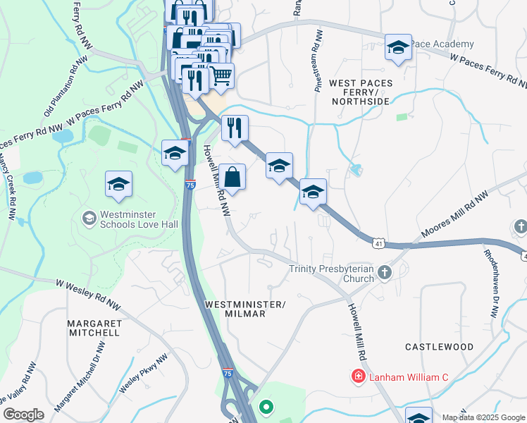 map of restaurants, bars, coffee shops, grocery stores, and more near 3201 Downwood Circle Northwest in Atlanta