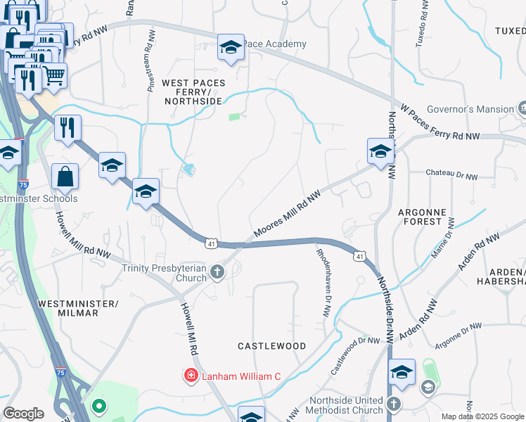 map of restaurants, bars, coffee shops, grocery stores, and more near 3155 East Wood Valley Road Northwest in Atlanta