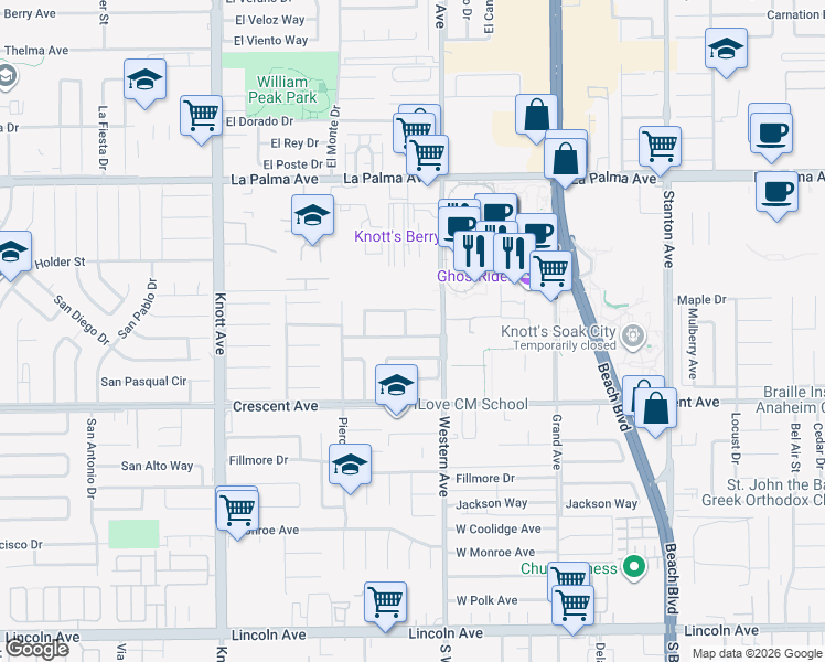 map of restaurants, bars, coffee shops, grocery stores, and more near 8328 Santa Elvira Way in Buena Park