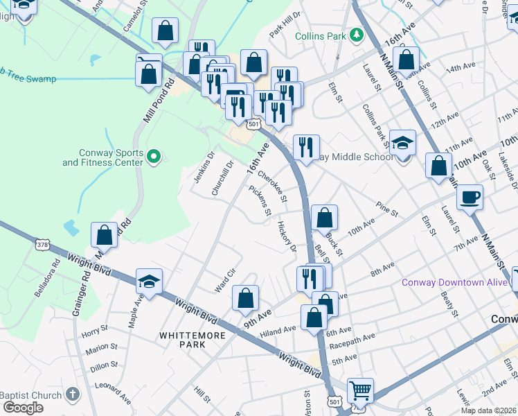 map of restaurants, bars, coffee shops, grocery stores, and more near 1203 Pickens St in Conway