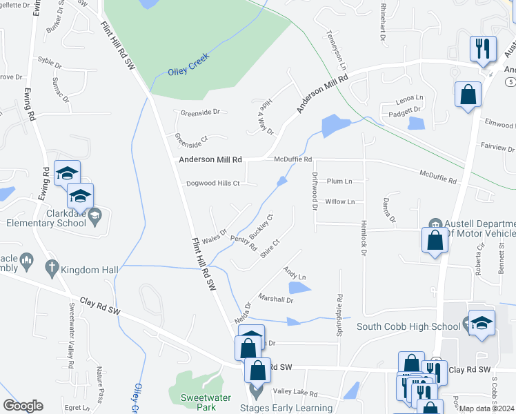 map of restaurants, bars, coffee shops, grocery stores, and more near 2379 Wales Drive in Austell