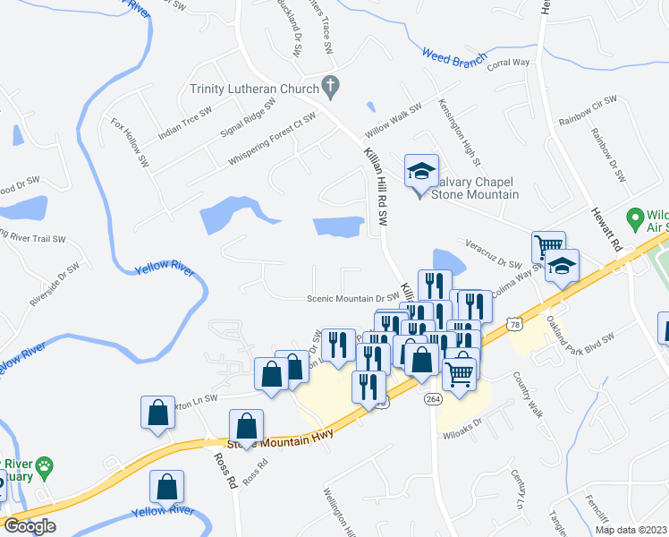 map of restaurants, bars, coffee shops, grocery stores, and more near 2047 Cliffton Terrace in Snellville