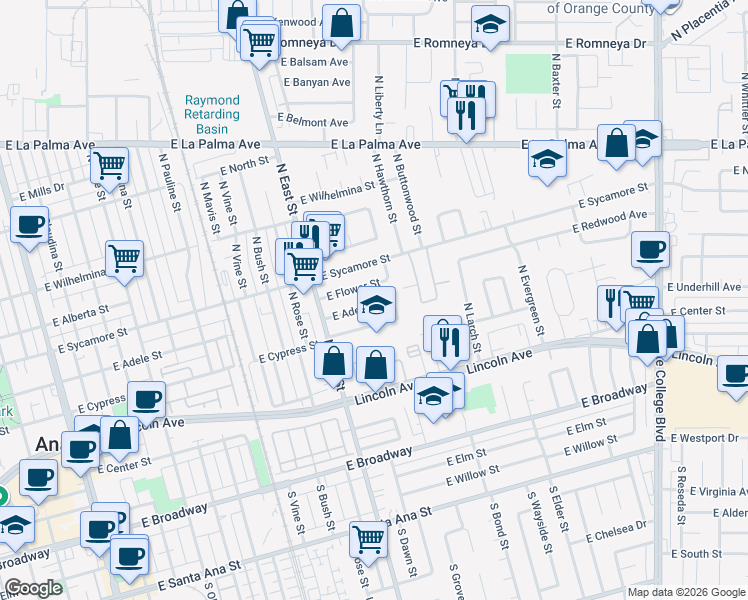 map of restaurants, bars, coffee shops, grocery stores, and more near 1255 East Adele Street in Anaheim