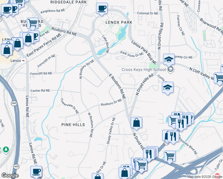 map of restaurants, bars, coffee shops, grocery stores, and more near 1990 Tall Tree Drive Northeast in Atlanta