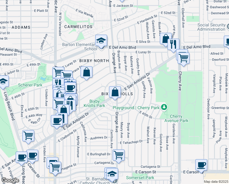 map of restaurants, bars, coffee shops, grocery stores, and more near 1165 East San Antonio Drive in Long Beach