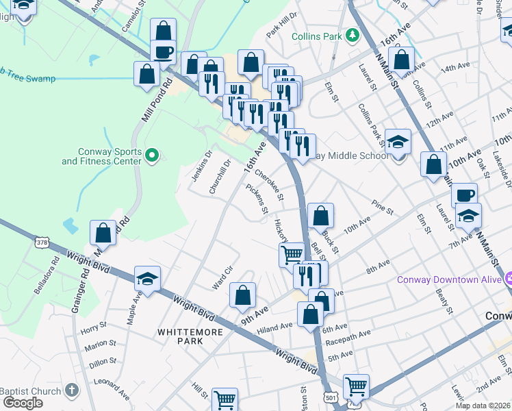 map of restaurants, bars, coffee shops, grocery stores, and more near 1203 Pickens Street in Conway