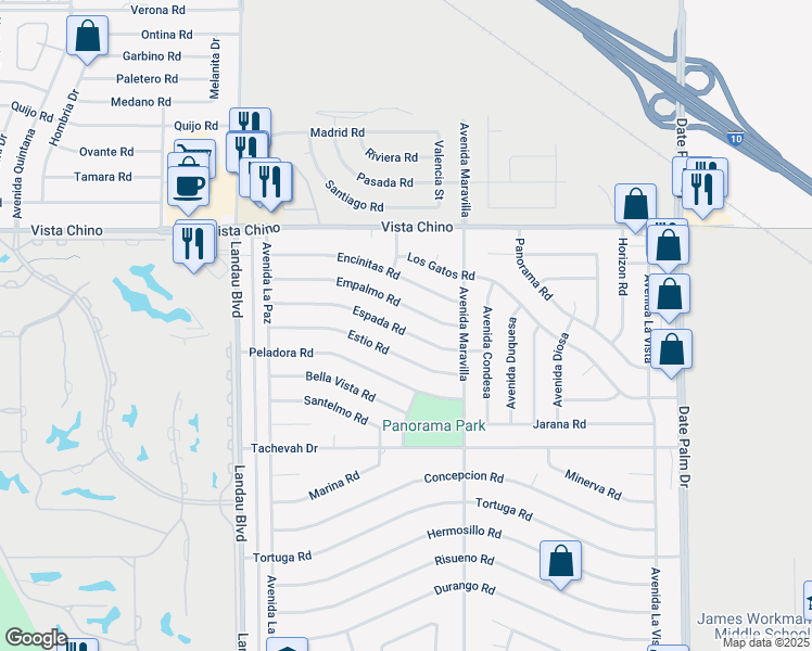 map of restaurants, bars, coffee shops, grocery stores, and more near 68280 Espada Road in Cathedral City