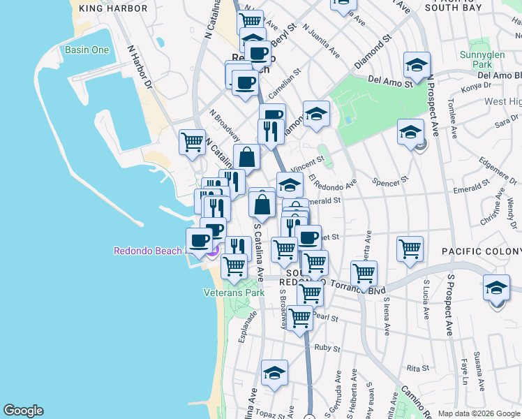map of restaurants, bars, coffee shops, grocery stores, and more near 100 South Catalina Avenue in Redondo Beach