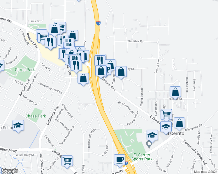 map of restaurants, bars, coffee shops, grocery stores, and more near 1652 East Ontario Avenue in Corona