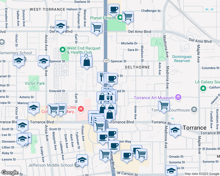 map of restaurants, bars, coffee shops, grocery stores, and more near in Torrance