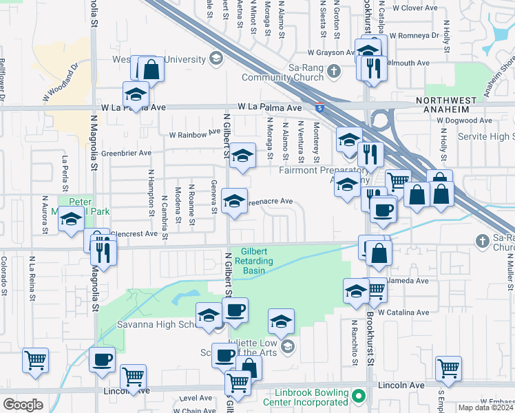 map of restaurants, bars, coffee shops, grocery stores, and more near 2350 West Greenacre Avenue in Anaheim